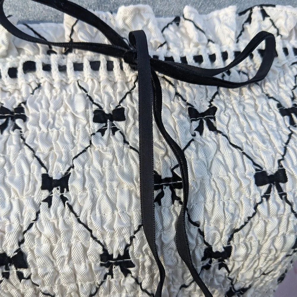 Bow Print Babydoll Mini Dress Small White Puff Sleeve Coquette Cottagecore - Picture 7 of 12